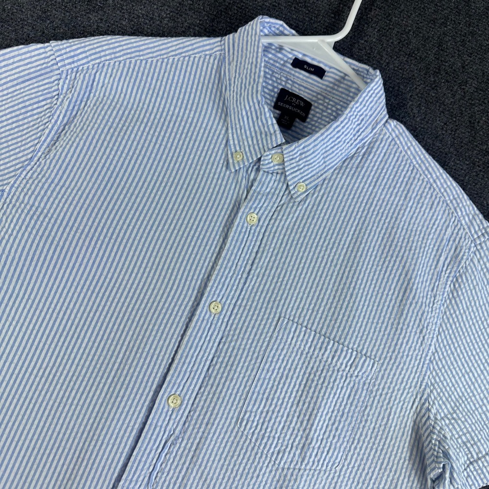 J.Crew Button Down Mens XL Extra Large Blue Striped Seersucker Slim Fit SS Shirt